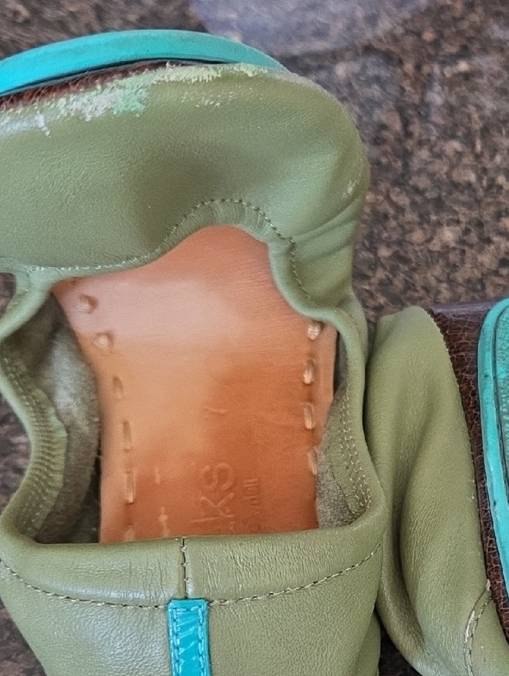 Tieks Olive Green Leather Ballet Flats with Teal Accents